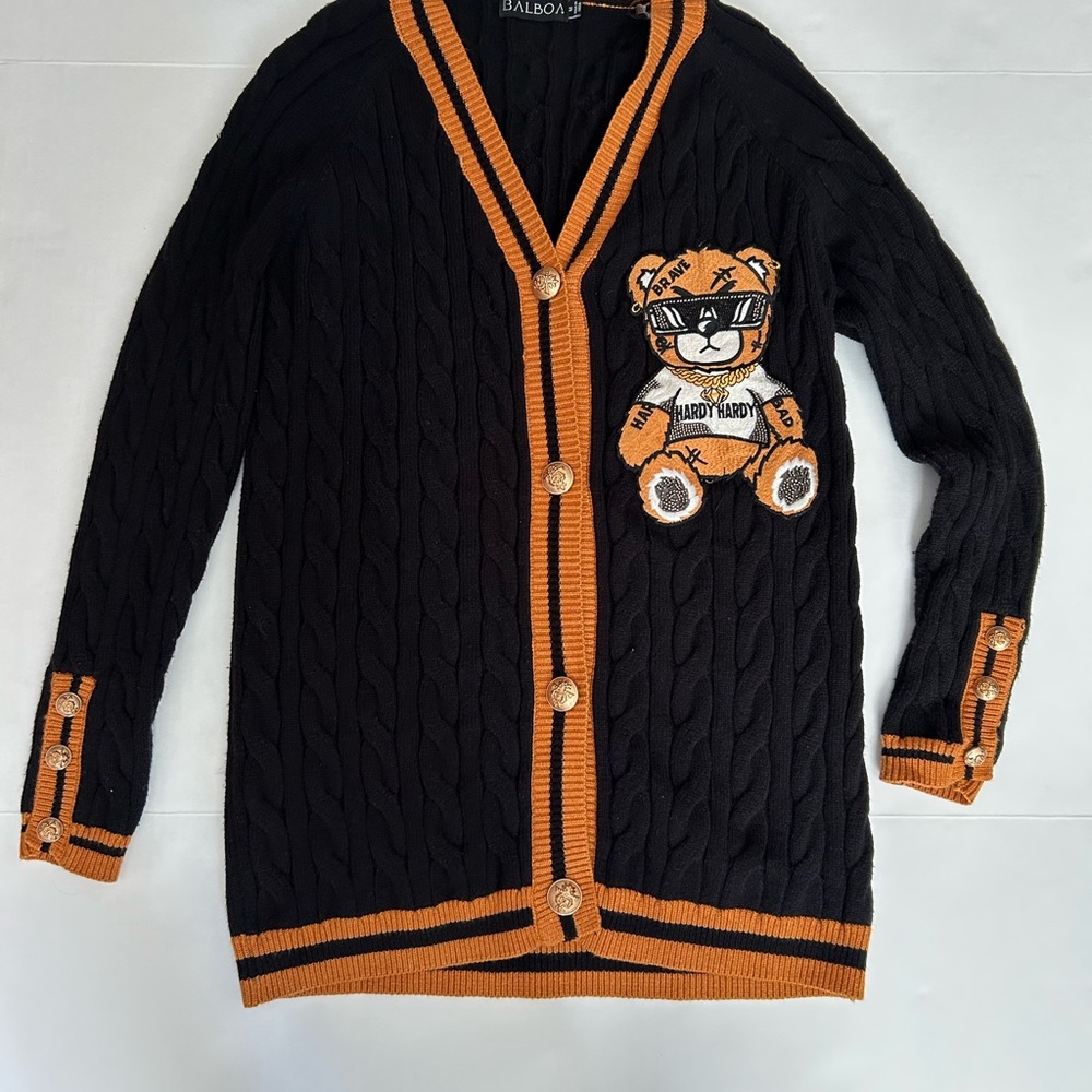 BALBOA  SIZE M Black and Orange Cardigan with Bear Patch USED